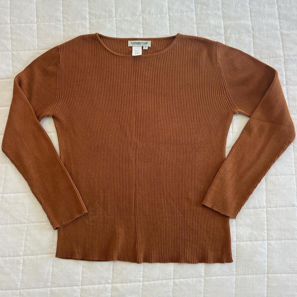 Coldwater Creek Silk Cotton Ribbed Sweater Rust Brown Boat Neck Small